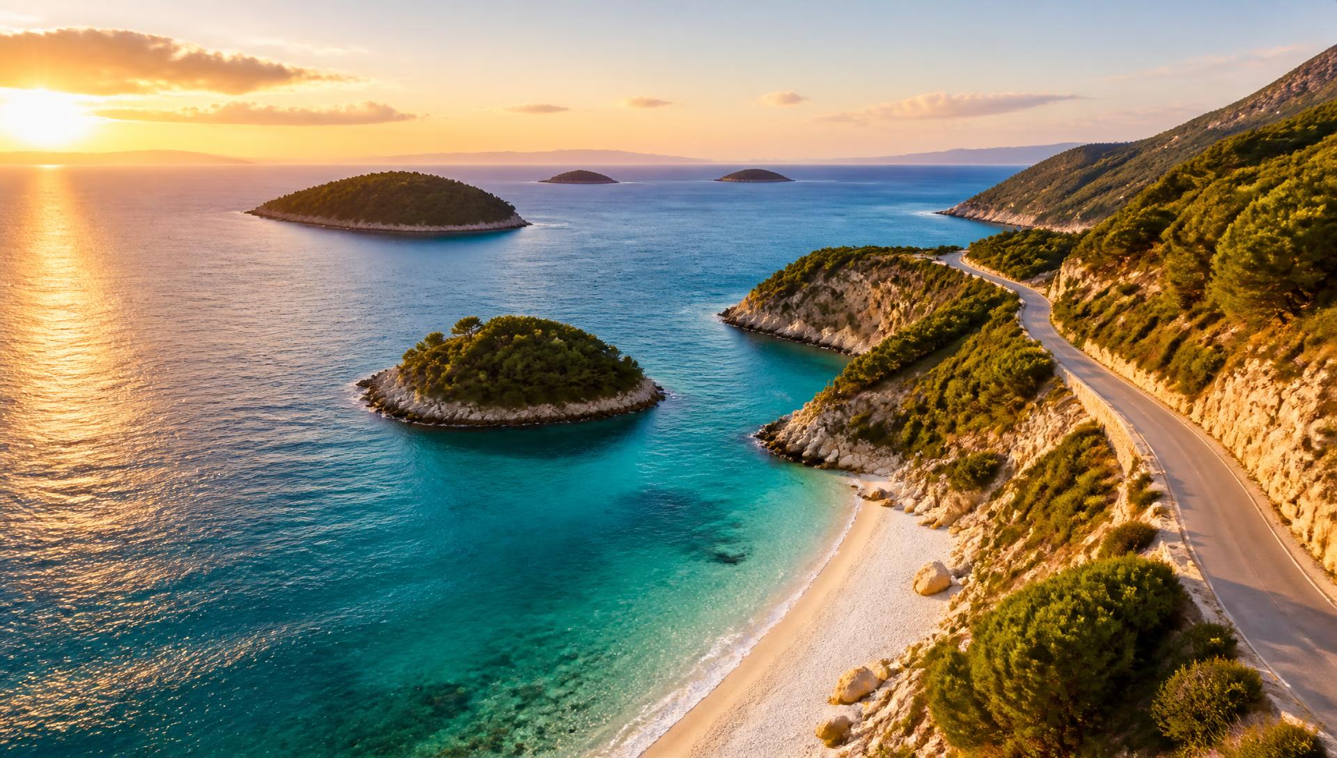 The turquoise bays of the Albanian Riviera seen from the coastal road at sunset